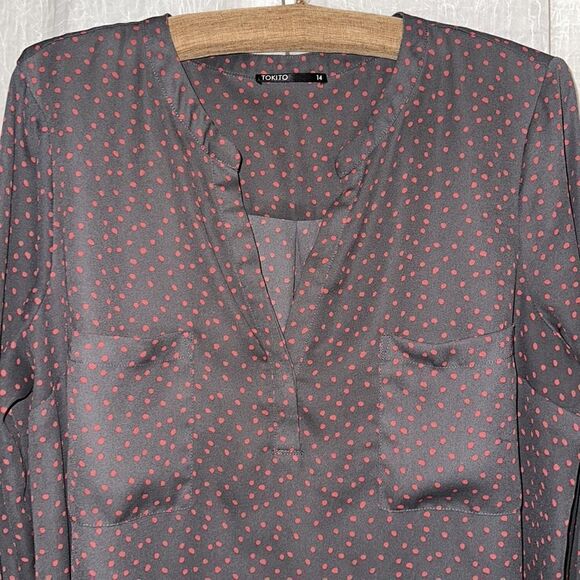 Tokito for MYER 12 Indigo Red Polka Romantic Long Sleeve V-Neck High Low Blouse - Picture 3 of 15